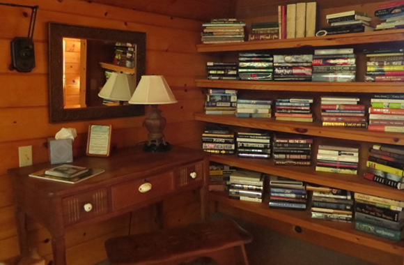 Waipio Wayside, Library Room, shelves of books by night stand